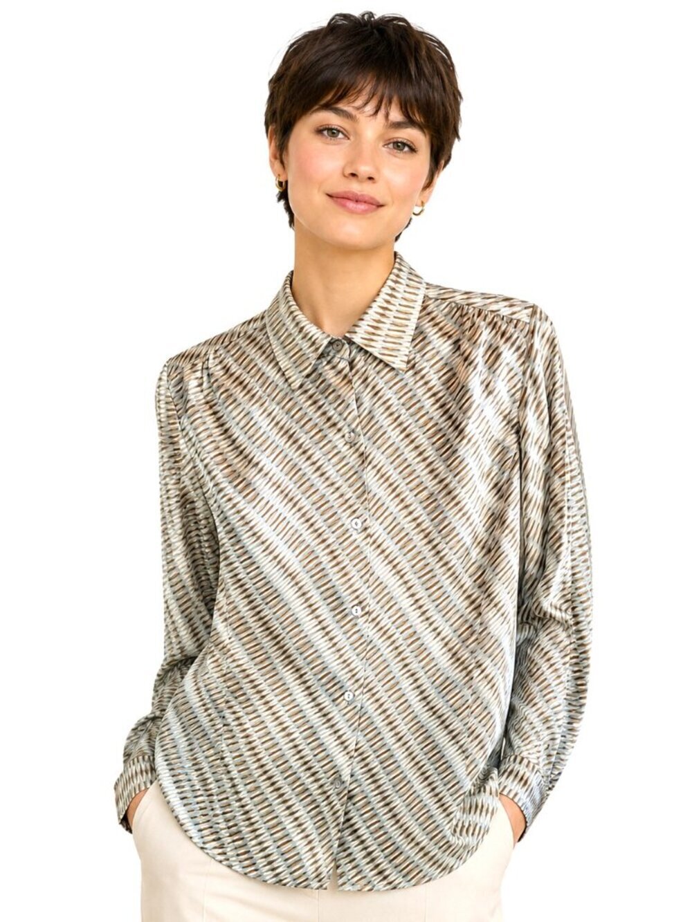 Liz Claiborne Slate Blue Grey Tan Silk Charmeuse Blouse
